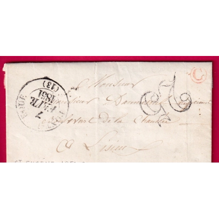 CAD TYPE 13 PONT L'EVEQUE BOITE RURALE ROUGE C ST EUGENE 1851 POUR LISIEUX CALVADOS LETTRE