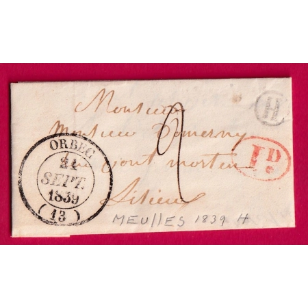 CAD TYPE 14 ORBEC CALVADOS 1839 BOITE RURALE H MEULLES DECIME RURAL POUR LISIEUX LETTRE