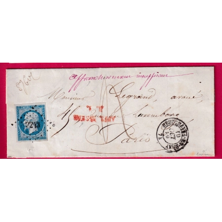 N°14 PC 2243 NEUFCHATEL EN BRAY SEINE INFERIEURE TAXE 4 GRIFFE AFF INSUF RL EN ROUGE MENTION POIDS POUR PARIS LETTRE