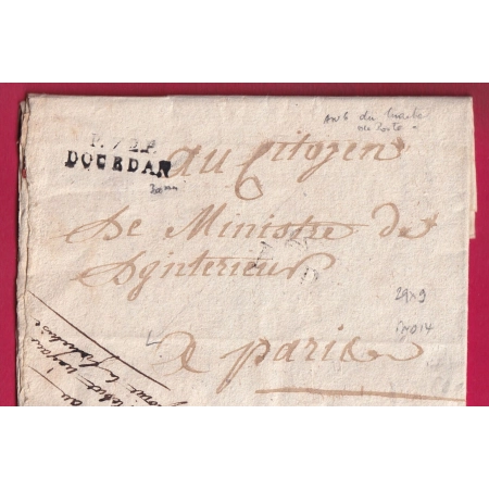 MARQUE P72P DOURDAN SEINE ET OISE PP BONNET PHRYGIENS MENTION AU REBUT N'AYANT POINT LA FRANCHISE 1798 POUR PARIS LETTRE