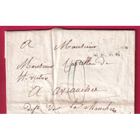 DOUBLE CURSIVE 33 MARSEILLAN MEZE HERAULT POUR AVRANCHES MANCHE TAXE 10 EN BLEU 1827 INDICE 18 LETTRE