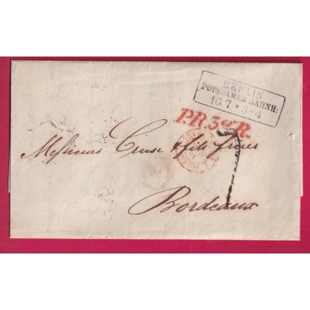 MARQUE BERLIN POSTDAMER BAHNH GRIFFE PR3erR EN ROUGE POUR BORDEAUX 1855 LETTRE