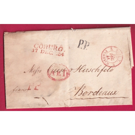 MARQUE COBURG ALLEMAGNE PP ROUGE ET NOIR AED POUR BORDEAUX 1841 TAXE TAMPON 10 LETTRE