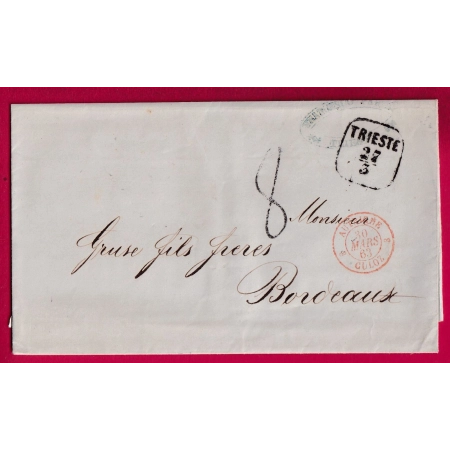 MARQUE TRIESTE 1863 ENTREE AUTRICHE CULOZ 3 EN ROUGE POUR BORDEAUX VIA PARIS LETTRE