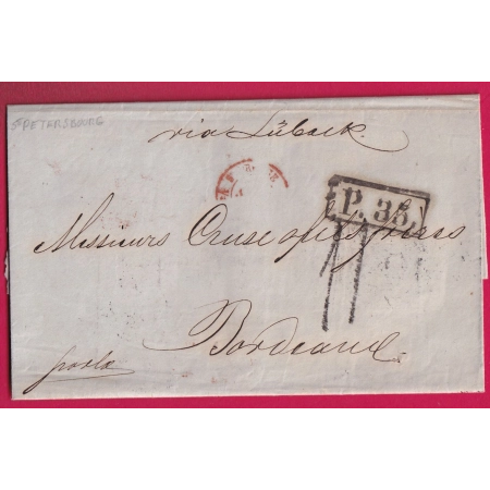 LETTRE DE ST PETERSBOURG RUSSIE RUSSIA TAXE TAMPON 11 P 35 POUR BORDEAUX VIA LUBECK ALLEMAGNE1859 LETTRE