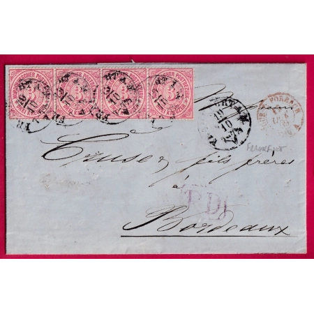 ALLEMAGNE CONF DU NORD N°20 BANDE DE 4 FRANKFURT 1869 POUR BORDEAUX LETTRE