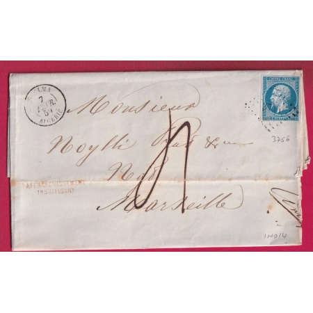 N°14 PC 3756 GUELMA ALGERIE POUR MARSEILLE INDICE 14 TAXE MANUSCRIT 4 + GRIFFE SPECIALE AFFANCH INSUFF EN ROUGE LETTRE