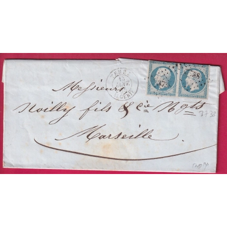 N°14 PAIRE BLEU LAITEUX PC 3738 TENEZ ALGERIE POUR MARSEILLE INDICE 14 LETTRE
