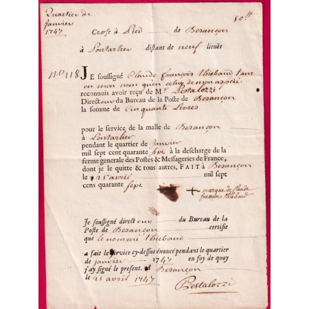 COURRIER POSTE ET MESSAGERIE DE BESANCON DOUBS 1747 POUR PONTARLIER PAR LA MALLE POSTE COURSE A PIED 19 LIEUES LETTRE