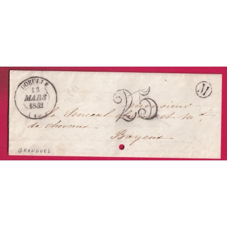CAD TYPE 14 DOZULLE CALVADOS BOITE RURALE M GRANGUES TAXE 25 TAMPON 1852 LETTRE