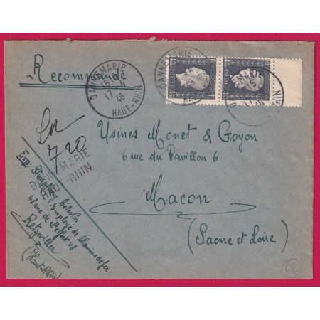 DULAC 4F50 PAIRE RECOMMANDE PROVISOIRE DANNEMARIE HAUT RHIN 1946 POUR MACON SAONE ET LOIRE LETTRE
