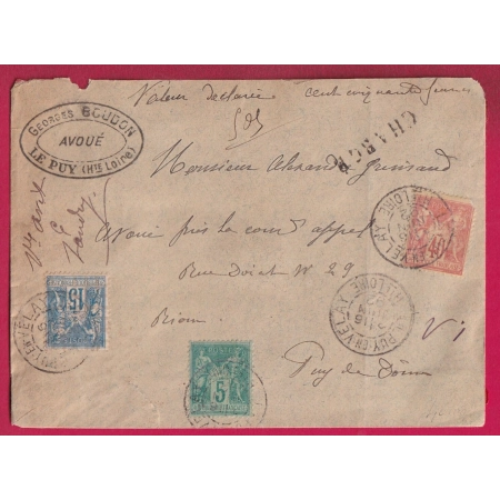 N°75 94 101 LETTRE CHARGE LE PUY EN VELAY POUR RIOM 1892 LETTRE