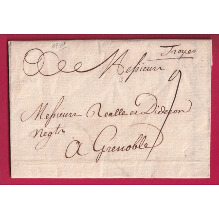 MARQUE MANUSCRIT TROYES AUBE 1749 POUR GRENOBLE INDICE 10 LETTRE