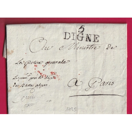 MARQUE 5 DIGNE BASSES ALPES FRANCHISE POLICE GENERAL COMMISSAIRE DIRECTOIRE EXECUTIF AN 7  POUR PARIS