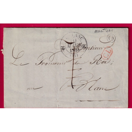 CAD TYPE 12 LE BLANC INDRE BOITE RURALE O MARTIZAY + CL ROUGE TAXE LOCALE 1 ANNULEE FRANCHISE PROCUREUR DU ROI 1840