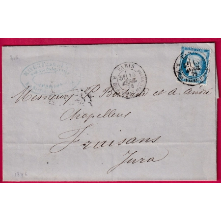 N°60 CAD PARIS R DES HAUtes HAUDRtes POUR FRAISANS JURA 15 AVRIL 1876 LETTRE