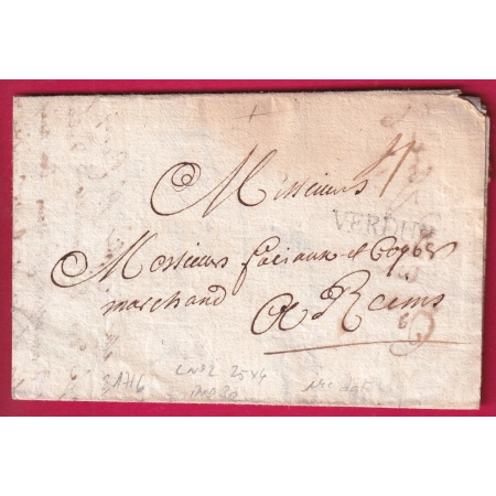 MARQUE VERDUN MEUSE 1716 LENAIN N°2 INDICE 20 1ER DATE POUR REIMS MARNE POUR DIJON COTE D'OR TAXE MODIFIEE 2 FOIS LETTRE
