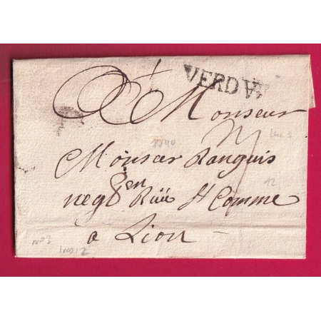 MARQUE VERDUN MEUSE 1740 LENAIN N°3 POUR LYON RHONE INDICE 12 LETTRE