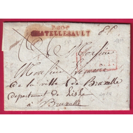 MARQUE P80P CHATELLERAULT VIENNE EN ROUGE PPPP POUR BRUXELLE BELGIQUE TAXE AU DOS 90C LETTRE