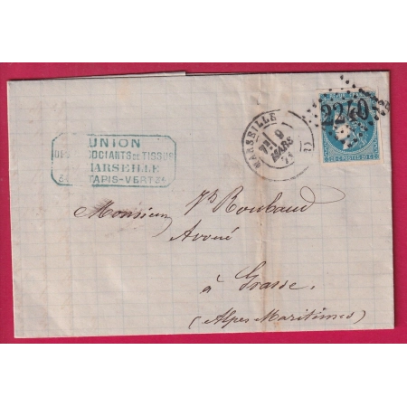 N°46B GC 2240 MARSEILLE POUR GRASSE ALPES MARITIMES 1871 LETTRE