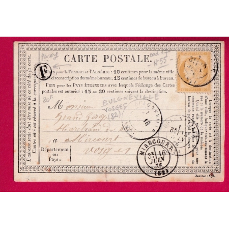 N°55 CAD BULGNEVILLE VOSGES BOITE RURALE F PAREY SOUS MONTFORT POUR MIRECOURT CARTE PRECURSEUR LETTRE