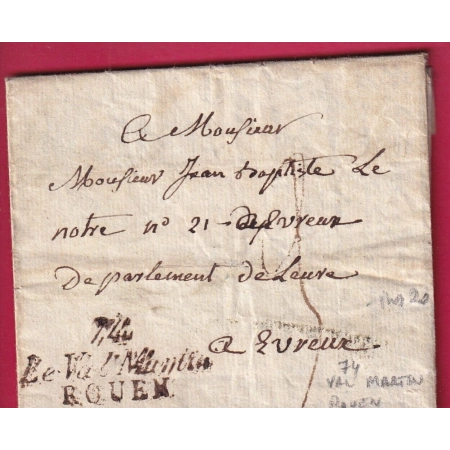 DOUBLE CURSIVE 74 VAL MARTIN ROUEN SEINE INFERIEURE TEXTE MAIRE DE SIERVILLE 1832 POUR EVREUX EURE INDICE 20 LETTRE