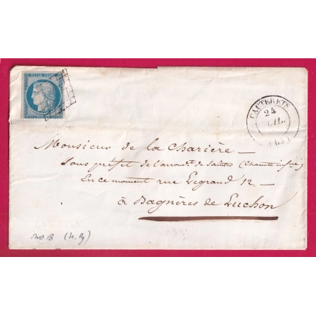 N°4 GRILLE CAUTERETS HAUTE PYRENEES INDICE 18 POUR BAGNERES DE LUCHON 1850 AU DOS ERREUR DE DATE TARBES 1849 LETTRE