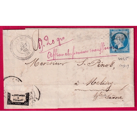 N°14 PC 4425 SERVANCE HAUTE SAONE CAD TYPE 22 TAXE N°2 ARRACHEE MELISEY PC INDICE 19 TEXTE MIELLIN LETTRE