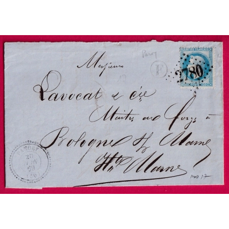 N°29 GC 2780 HAUTE MARNE CAD TYPE 22 POUR BOLOGNE BOITE RURALE F PAROY INDICE 17 LETTRE