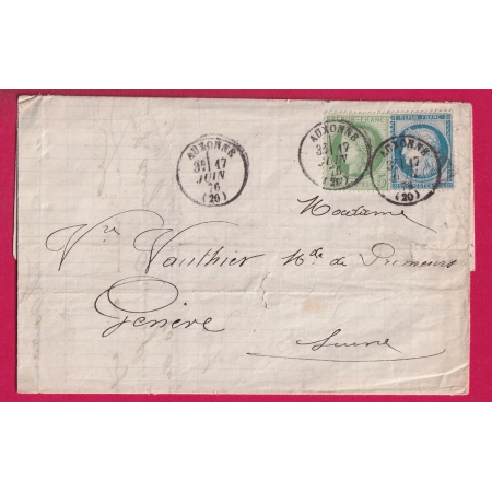 N°53 60 CAD TYPE 16 AUXONNE COTE D'OR POUR GENEVE SUISSE LETTRE