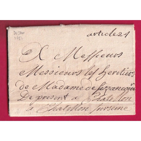 LETTRE DE DIJON COTE D'OR 1751 MENTION MANUSCRIT ARTICLE 21 POUR CHATILLON SUR SEINE BEAU TEXTE NOBLESSE BOURGOGNE