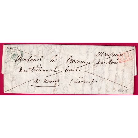 CAD TYPE 15 EN BLEU VERT AUTUN SAONE ET LOIRE + PP ROUGE POUR NEVERS NIEVRE 1845 INDICE 15 LETTRE