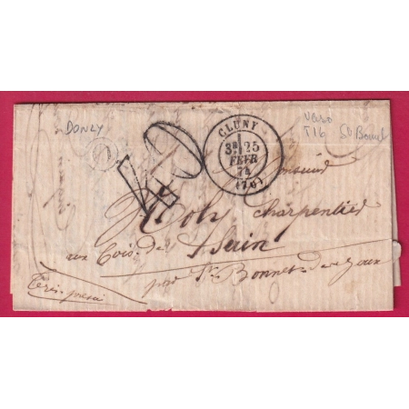 TAXE TAMPON 40 CLUNY SAONE ET LOIRRE OR DONZY POUR LE BOIS DE SUIN PAR ST BONNET DE JOUX 1874 LETTRE