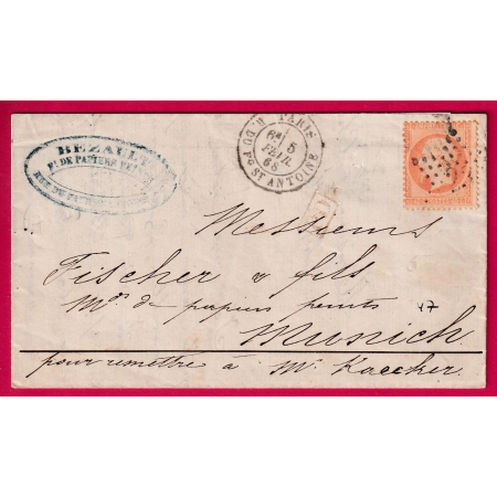 N°23 PARIS ETOILE 23 R DU FG ST ANTOINE POUR MUNICH MUNCHEN ALLEMAGNE 1868 LETTRE