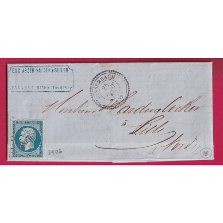N°14 PC 3906 WISSEMBACH VOSGES CAD TYPE 22 INDICE 16 POUR LILLE NORD VIA STE MARIE AUX MINES HAUT RHIN LETTRE