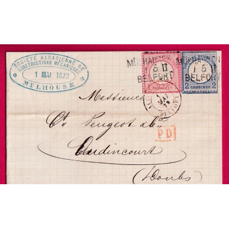 ALSACE LORRAINE AMBULANT MULHOUSE A BELFORT 1873 ENTREE ALLEMAGNE BELFORT POUR AUDINCOURT DOUBS LETTRE COVER