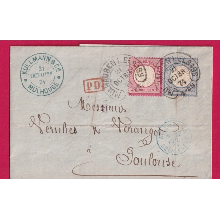 ALSACE LORRAINE FER A CHEVAL MULHOUSE HAUT RHIN 1874 POUR TOULOUSE HAUTE GARONNE LETTRE COVER