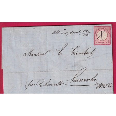 ALSACE LORRAINE ANULATION PLUME MUNSTEROL MONTREUX VIEUX 1872 HAUT RHIN TEXTE DE BELFORT POUR HUNAWIRH LETTRE COVER