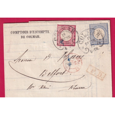 ALSACE LORRAINE FER A CHEVAL COLMAR HAUT RHIN POUR BELFORT 1873 LETTRE COVER