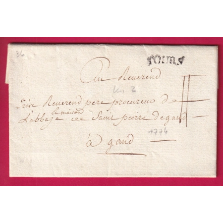 MARQUE TOURS INDRE ET LOIRE 1774 LENAIN N°2 POUR GAND BELGIQUE LETTRE