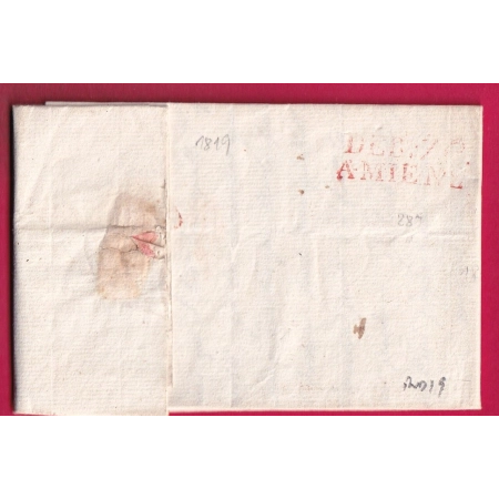 DEBOURSE DEB 76 AMIENS SOMME EN ROUGE 1819 INDICE 19 DEPART PARIS LETTRE