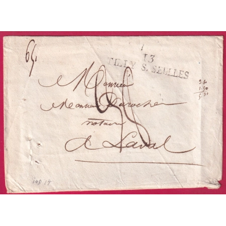 MARQUE 13 TILLY SUR SEULLES CALVADOS 1827 BELLE TAXE MANUSCRIT 38 POUR LAVAL MAYENNE INDICE 17 LETTRE