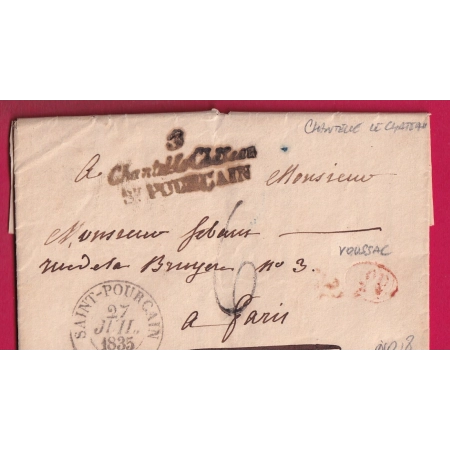 DOUBLE CURSIVE CHANTEL LE CHATEAU ST POURCAIN ALLIER 1835 DECIME RURAL DE VOUSSAC POUR PARIS TAXE TAMPON 6 LETTRE