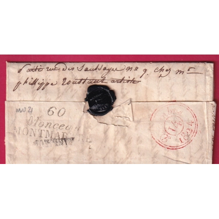 DOUBLE 60 CURSIVE MONCEAU MONTMARTRE UTILISEE EN DEBOURSE PUIS REEXPEDIEE PARIS 1824 DEPART CAHORS LOT LETTRE