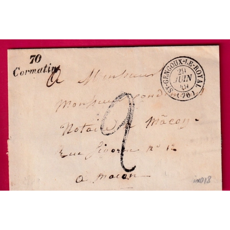 CURSIVE 70 CORMATIN SAONE ET LOIRE TYPE 15 ST GENGOUX LE ROYAL POUR MACON TAXE TAMPON 2 INDICE 18 LETTRE