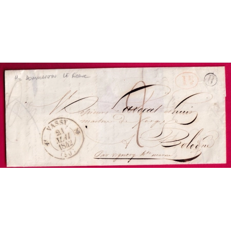 CAD TYPE 12 VASSY HAUTE MARNE BOITE RURALE H DOMMARTIN LE FRANC DECIME RURAL POUR BOLOGNE 1842 LETTRE