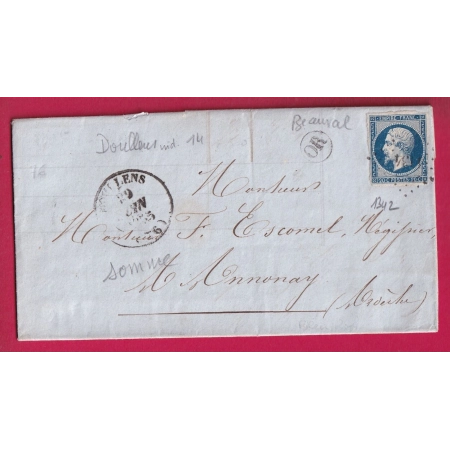 N°14 PC 1342 DOULLENS SOMME CAD TYPE 14 OR BEAUVAL POUR ANNONAY ARDECHE LETTRE