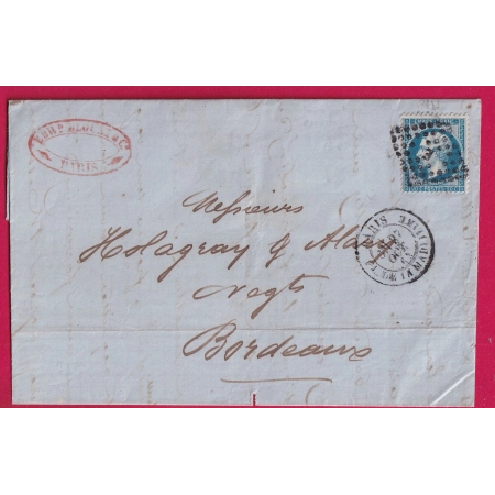 N°22 PARIS PL DE LA MADELEINE LOSANGE E SUR TIMBRE POUR BORDEAUX LETTRE