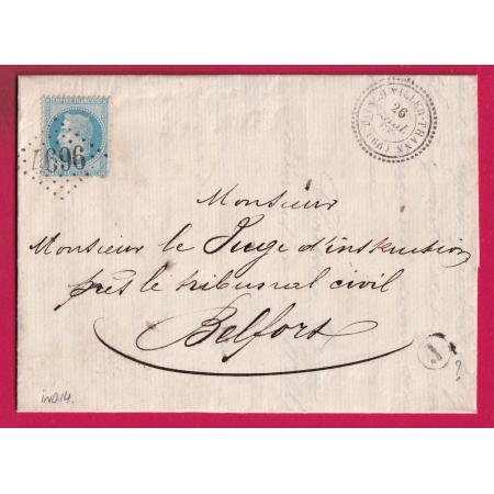 N°29 GC 4696 BITSCHWILLER THANN HAUT RHIN CAD TYPE 22 POUR BELFORT BOITE RURALE J INDICE 14 LETTRE