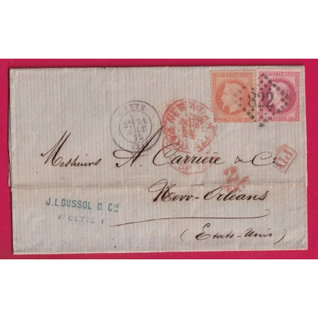 N°31 32 GC 822 CETTE HERAULT POUR LA NOUVELLE ORLEANS ETATS UNIS 1872 VIA NEW YORK LETTRE